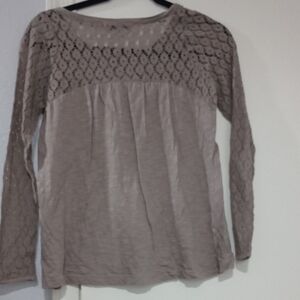 Crochet Lace Long Sleeve Blouse - Taupe Size M Runs Small